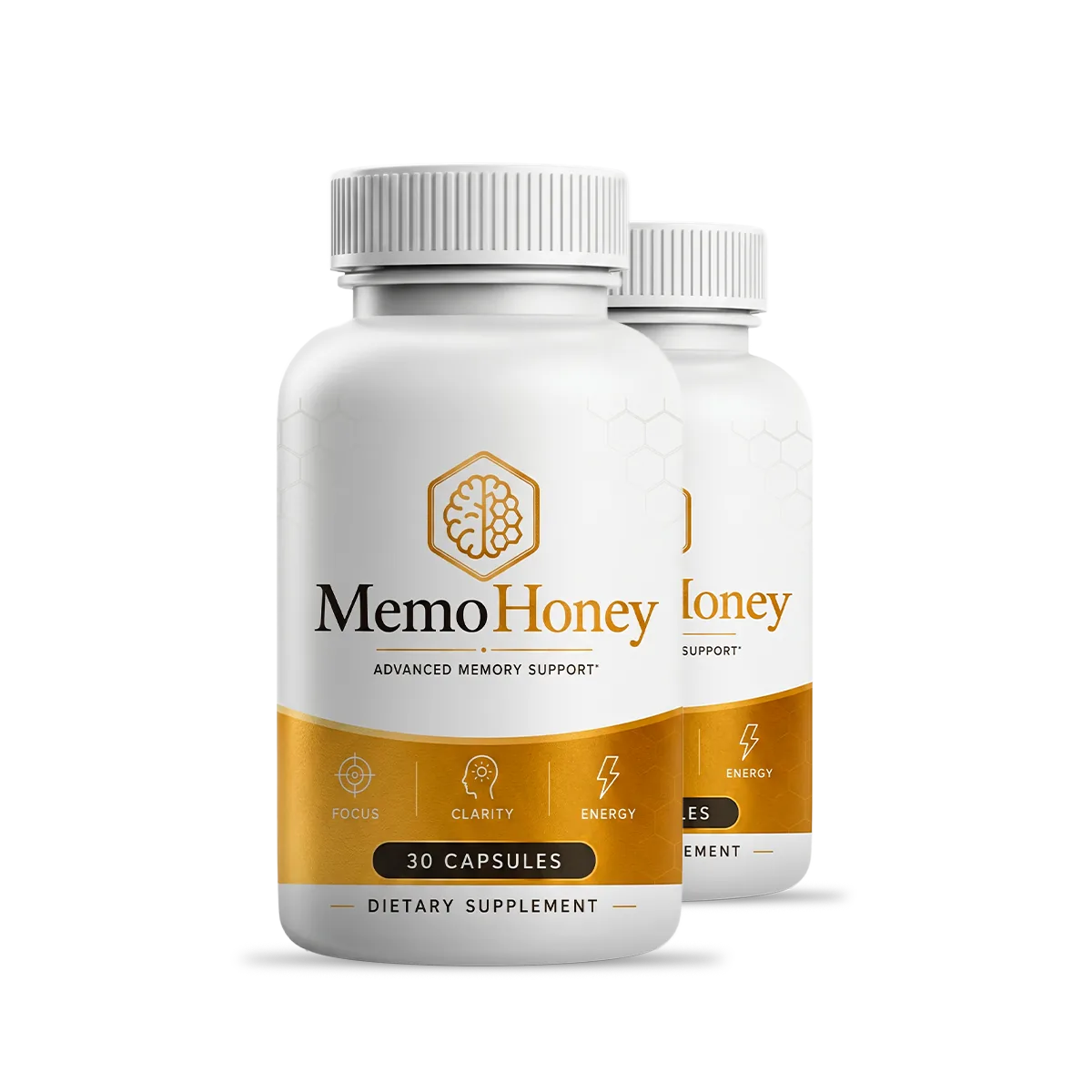 The MemoHoney two bottle package of advanced memory support capsules